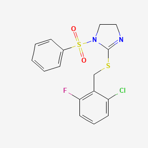 molecular formula C16H14ClFN2O2S2 B2430647 1-(Benzenesulfonyl)-2-[(2-chloro-6-fluorophenyl)methylsulfanyl]-4,5-dihydroimidazole CAS No. 868217-54-3