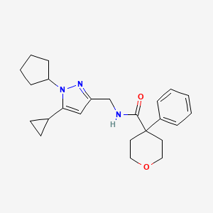 molecular formula C24H31N3O2 B2430648 N-((1-cyclopentyl-5-cyclopropyl-1H-pyrazol-3-yl)methyl)-4-phenyltetrahydro-2H-pyran-4-carboxamide CAS No. 1448052-89-8