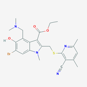 molecular formula C24H27BrN4O3S B243069 ethyl 6-bromo-2-{[(3-cyano-4,6-dimethyl-2-pyridinyl)sulfanyl]methyl}-4-[(dimethylamino)methyl]-5-hydroxy-1-methyl-1H-indole-3-carboxylate 