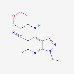 molecular formula C15H19N5O B2430714 1-Ethyl-6-methyl-4-(oxan-4-ylamino)pyrazolo[3,4-b]pyridine-5-carbonitrile CAS No. 2225147-47-5