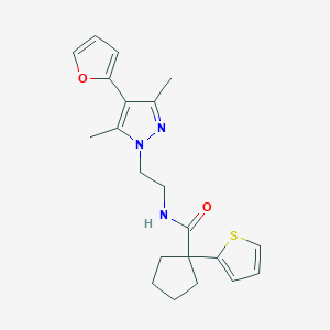 molecular formula C21H25N3O2S B2430750 N-(2-(4-(furan-2-yl)-3,5-dimethyl-1H-pyrazol-1-yl)ethyl)-1-(thiophen-2-yl)cyclopentanecarboxamide CAS No. 2034373-66-3