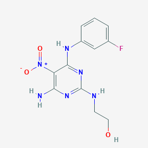 molecular formula C12H13FN6O3 B2430960 2-((4-氨基-6-((3-氟苯基)氨基)-5-硝基嘧啶-2-基)氨基)乙醇 CAS No. 586989-99-3