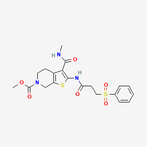 molecular formula C20H23N3O6S2 B2430991 3-(甲基氨基甲酰基)-2-(3-(苯磺酰基)丙酰胺基)-4,5-二氢噻吩并[2,3-c]吡啶-6(7H)-甲酸甲酯 CAS No. 886959-37-1