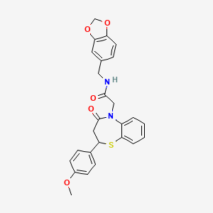 molecular formula C26H24N2O5S B2431043 N-(benzo[d][1,3]dioxol-5-ylmethyl)-2-(2-(4-methoxyphenyl)-4-oxo-3,4-dihydrobenzo[b][1,4]thiazepin-5(2H)-yl)acetamide CAS No. 847486-85-5