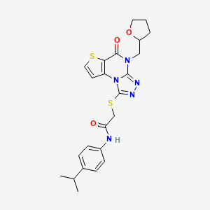 molecular formula C23H25N5O3S2 B2431086 N-(4-isopropylphenyl)-2-((5-oxo-4-((tetrahydrofuran-2-yl)methyl)-4,5-dihydrothieno[2,3-e][1,2,4]triazolo[4,3-a]pyrimidin-1-yl)thio)acetamide CAS No. 1217052-46-4