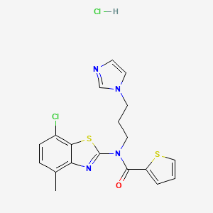 molecular formula C19H18Cl2N4OS2 B2431234 N-(3-(1H-imidazol-1-yl)propyl)-N-(7-chloro-4-methylbenzo[d]thiazol-2-yl)thiophene-2-carboxamide hydrochloride CAS No. 1216746-04-1