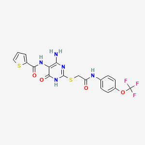 molecular formula C18H14F3N5O4S2 B2431281 N-(4-amino-6-oxo-2-((2-oxo-2-((4-(trifluoromethoxy)phenyl)amino)ethyl)thio)-1,6-dihydropyrimidin-5-yl)thiophene-2-carboxamide CAS No. 868225-68-7