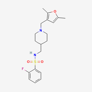 molecular formula C19H25FN2O3S B2431431 N-((1-((2,5-二甲基呋喃-3-基)甲基)哌啶-4-基)甲基)-2-氟苯磺酰胺 CAS No. 1235630-63-3