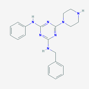 molecular formula C20H23N7 B243147 N-[4-anilino-6-(1-piperazinyl)-1,3,5-triazin-2-yl]-N-benzylamine 
