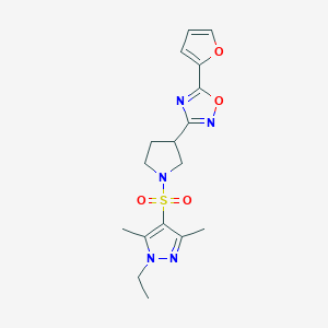 molecular formula C17H21N5O4S B2431498 3-(1-((1-ethyl-3,5-dimethyl-1H-pyrazol-4-yl)sulfonyl)pyrrolidin-3-yl)-5-(furan-2-yl)-1,2,4-oxadiazole CAS No. 2034284-38-1