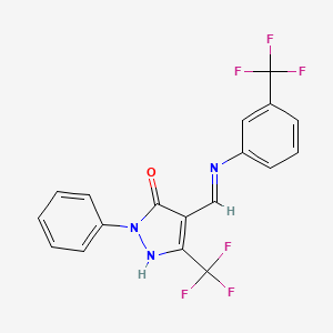 molecular formula C18H11F6N3O B2431662 2-phenyl-5-(trifluoromethyl)-4-{[3-(trifluoromethyl)anilino]methylene}-2,4-dihydro-3H-pyrazol-3-one CAS No. 477851-32-4