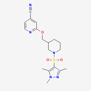 molecular formula C18H23N5O3S B2431702 2-[[1-(1,3,5-Trimethylpyrazol-4-yl)sulfonylpiperidin-3-yl]methoxy]pyridine-4-carbonitrile CAS No. 2380009-75-4