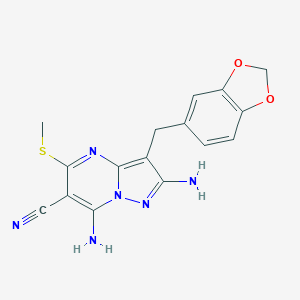 molecular formula C16H14N6O2S B243181 2,7-Diamino-3-(1,3-benzodioxol-5-ylmethyl)-5-(methylsulfanyl)pyrazolo[1,5-a]pyrimidine-6-carbonitrile 