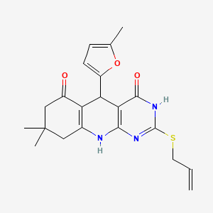 molecular formula C21H23N3O3S B2432051 2-(allylthio)-8,8-dimethyl-5-(5-methylfuran-2-yl)-7,8,9,10-tetrahydropyrimido[4,5-b]quinoline-4,6(3H,5H)-dione CAS No. 627048-06-0