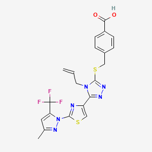 molecular formula C21H17F3N6O2S2 B2432221 4-{[(4-allyl-5-{2-[3-methyl-5-(trifluoromethyl)-1H-pyrazol-1-yl]-1,3-thiazol-4-yl}-4H-1,2,4-triazol-3-yl)sulfanyl]methyl}benzenecarboxylic acid CAS No. 956356-94-8