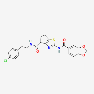 molecular formula C23H20ClN3O4S B2432275 2-(benzo[d][1,3]dioxole-5-carboxamido)-N-(4-chlorophenethyl)-5,6-dihydro-4H-cyclopenta[d]thiazole-4-carboxamide CAS No. 955734-23-3