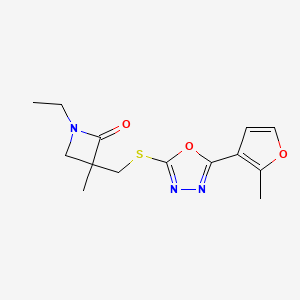 molecular formula C14H17N3O3S B2432306 1-Ethyl-3-methyl-3-[[5-(2-methylfuran-3-yl)-1,3,4-oxadiazol-2-yl]sulfanylmethyl]azetidin-2-one CAS No. 2249322-55-0