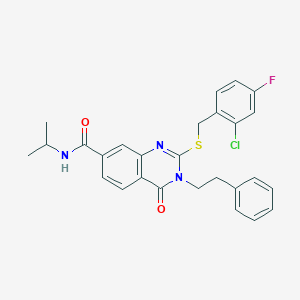 molecular formula C27H25ClFN3O2S B2432330 2-((2-chloro-4-fluorobenzyl)thio)-N-isopropyl-4-oxo-3-phenethyl-3,4-dihydroquinazoline-7-carboxamide CAS No. 1115382-38-1