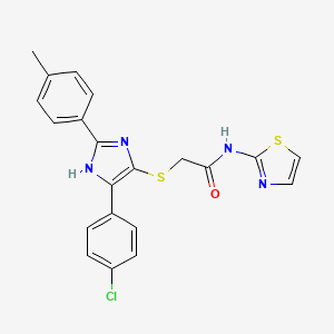 molecular formula C21H17ClN4OS2 B2432352 2-((5-(4-chlorophenyl)-2-(p-tolyl)-1H-imidazol-4-yl)thio)-N-(thiazol-2-yl)acetamide CAS No. 901258-95-5