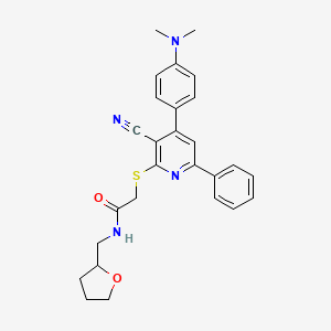 molecular formula C27H28N4O2S B2432398 2-((3-cyano-4-(4-(dimethylamino)phenyl)-6-phenylpyridin-2-yl)thio)-N-((tetrahydrofuran-2-yl)methyl)acetamide CAS No. 690961-93-4
