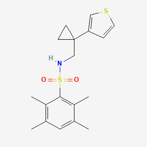 molecular formula C18H23NO2S2 B2432482 2,3,5,6-Tetramethyl-N-[(1-thiophen-3-ylcyclopropyl)methyl]benzenesulfonamide CAS No. 2415632-99-2