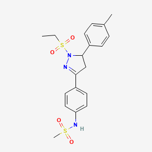 molecular formula C19H23N3O4S2 B2432692 N-{4-[1-(ethanesulfonyl)-5-(4-methylphenyl)-4,5-dihydro-1H-pyrazol-3-yl]phenyl}methanesulfonamide CAS No. 851780-74-0