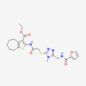 molecular formula C23H27N5O5S2 B2432736 ethyl 2-[[2-[[5-[(furan-2-carbonylamino)methyl]-4-methyl-1,2,4-triazol-3-yl]sulfanyl]acetyl]amino]-5,6,7,8-tetrahydro-4H-cyclohepta[b]thiophene-3-carboxylate CAS No. 393806-08-1