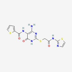 molecular formula C14H12N6O3S3 B2432751 N-(4-amino-6-oxo-2-((2-oxo-2-(thiazol-2-ylamino)ethyl)thio)-1,6-dihydropyrimidin-5-yl)thiophene-2-carboxamide CAS No. 868225-78-9