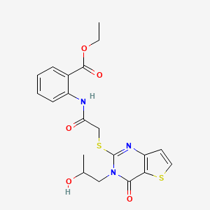 molecular formula C20H21N3O5S2 B2432764 Ethyl 2-(2-((3-(2-hydroxypropyl)-4-oxo-3,4-dihydrothieno[3,2-d]pyrimidin-2-yl)thio)acetamido)benzoate CAS No. 1787902-76-4