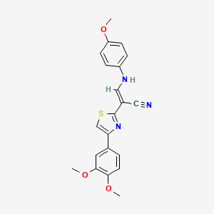 molecular formula C21H19N3O3S B2433076 (E)-2-(4-(3,4-dimethoxyphenyl)thiazol-2-yl)-3-((4-methoxyphenyl)amino)acrylonitrile CAS No. 450353-14-7
