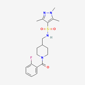 molecular formula C19H25FN4O3S B2433100 N-((1-(2-氟苯甲酰)哌啶-4-基)甲基)-1,3,5-三甲基-1H-吡唑-4-磺酰胺 CAS No. 1448133-81-0