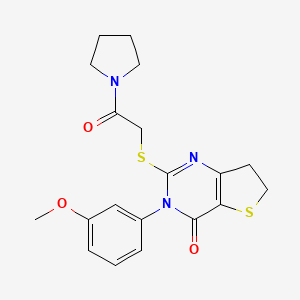 molecular formula C19H21N3O3S2 B2433142 3-(3-甲氧基苯基)-2-(2-氧代-2-吡咯烷-1-基乙基)硫代-6,7-二氢噻吩并[3,2-d]嘧啶-4-酮 CAS No. 877654-76-7