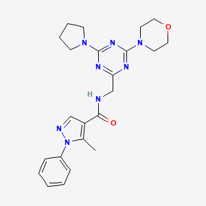 molecular formula C23H28N8O2 B2433189 5-methyl-N-((4-morpholino-6-(pyrrolidin-1-yl)-1,3,5-triazin-2-yl)methyl)-1-phenyl-1H-pyrazole-4-carboxamide CAS No. 2034543-84-3