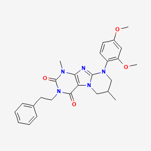 molecular formula C26H29N5O4 B2433227 9-(2,4-dimethoxyphenyl)-1,7-dimethyl-3-phenethyl-6,7,8,9-tetrahydropyrimido[2,1-f]purine-2,4(1H,3H)-dione CAS No. 877617-85-1