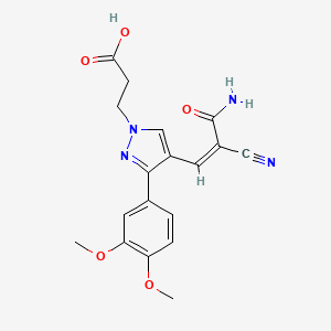 molecular formula C18H18N4O5 B2433244 (Z)-3-(4-(3-氨基-2-氰基-3-氧代丙-1-烯-1-基)-3-(3,4-二甲氧基苯基)-1H-吡唑-1-基)丙酸 CAS No. 882224-38-6