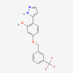 molecular formula C17H13F3N2O2 B2433345 2-(1H-pirazol-3-il)-5-{[3-(trifluorometil)bencil]oxi}bencenol CAS No. 1007029-93-7