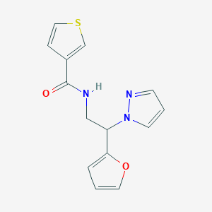 molecular formula C14H13N3O2S B2433352 N-(2-(furan-2-yl)-2-(1H-pyrazol-1-yl)ethyl)thiophene-3-carboxamide CAS No. 2034544-15-3