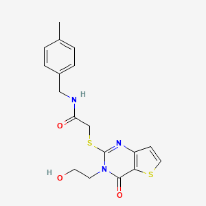 molecular formula C18H19N3O3S2 B2433354 2-((3-(2-ヒドロキシエチル)-4-オキソ-3,4-ジヒドロチエノ[3,2-d]ピリミジン-2-イル)チオ)-N-(4-メチルベンジル)アセトアミド CAS No. 1795190-52-1