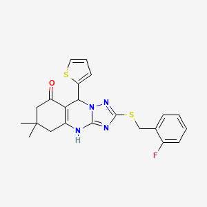 2-((2-fluorobenzyl)thio)-6,6-dimethyl-9-(thiophen-2-yl)-5,6,7,9-tetrahydro-[1,2,4]triazolo[5,1-b]quinazolin-8(4H)-one