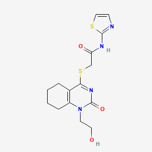molecular formula C15H18N4O3S2 B2433427 2-((1-(2-hydroxyethyl)-2-oxo-1,2,5,6,7,8-hexahydroquinazolin-4-yl)thio)-N-(thiazol-2-yl)acetamide CAS No. 899743-04-5