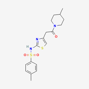 molecular formula C18H23N3O3S2 B2433493 4-methyl-N-(4-(2-(4-methylpiperidin-1-yl)-2-oxoethyl)thiazol-2-yl)benzenesulfonamide CAS No. 922046-92-2