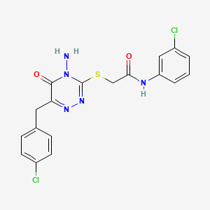 molecular formula C18H15Cl2N5O2S B2433555 2-((4-amino-6-(4-chlorobenzyl)-5-oxo-4,5-dihydro-1,2,4-triazin-3-yl)thio)-N-(3-chlorophenyl)acetamide CAS No. 886957-84-2