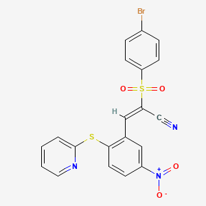 molecular formula C20H12BrN3O4S2 B2433569 2-((4-Bromophenyl)sulfonyl)-3-(5-nitro-2-(2-pyridylthio)phenyl)prop-2-enenitrile CAS No. 1025259-60-2