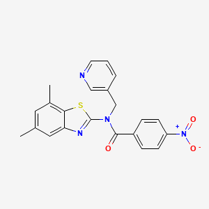 molecular formula C22H18N4O3S B2433673 N-(5,7-dimethylbenzo[d]thiazol-2-yl)-4-nitro-N-(pyridin-3-ylmethyl)benzamide CAS No. 895422-16-9