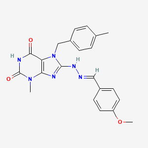 molecular formula C22H22N6O3 B2433763 (E)-8-(2-(4-methoxybenzylidene)hydrazinyl)-3-methyl-7-(4-methylbenzyl)-1H-purine-2,6(3H,7H)-dione CAS No. 303970-07-2