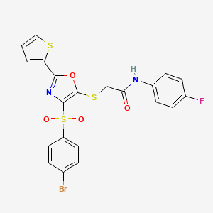 molecular formula C21H14BrFN2O4S3 B2433778 2-((4-((4-bromophenyl)sulfonyl)-2-(thiophen-2-yl)oxazol-5-yl)thio)-N-(4-fluorophenyl)acetamide CAS No. 850928-24-4