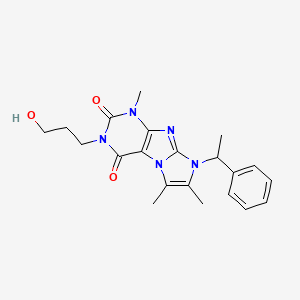 molecular formula C21H25N5O3 B2433873 3-(3-hydroxypropyl)-1,6,7-trimethyl-8-(1-phenylethyl)-1H-imidazo[2,1-f]purine-2,4(3H,8H)-dione CAS No. 915927-82-1
