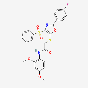 molecular formula C25H21FN2O6S2 B2433913 2-[[4-(benzenesulfonyl)-2-(4-fluorophenyl)-1,3-oxazol-5-yl]sulfanyl]-N-(2,4-dimethoxyphenyl)acetamide CAS No. 850926-99-7