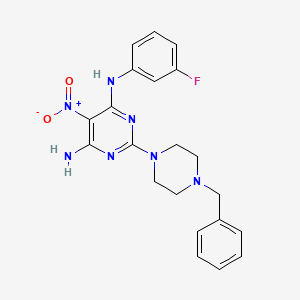 molecular formula C21H22FN7O2 B2433974 2-(4-benzylpiperazin-1-yl)-N-(3-fluorophenyl)-5-nitropyrimidine-4,6-diamine CAS No. 674366-70-2