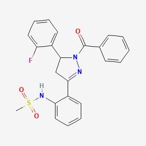 molecular formula C23H20FN3O3S B2434076 N-{2-[1-benzoyl-5-(2-fluorophenyl)-4,5-dihydro-1H-pyrazol-3-yl]phenyl}methanesulfonamide CAS No. 923243-61-2